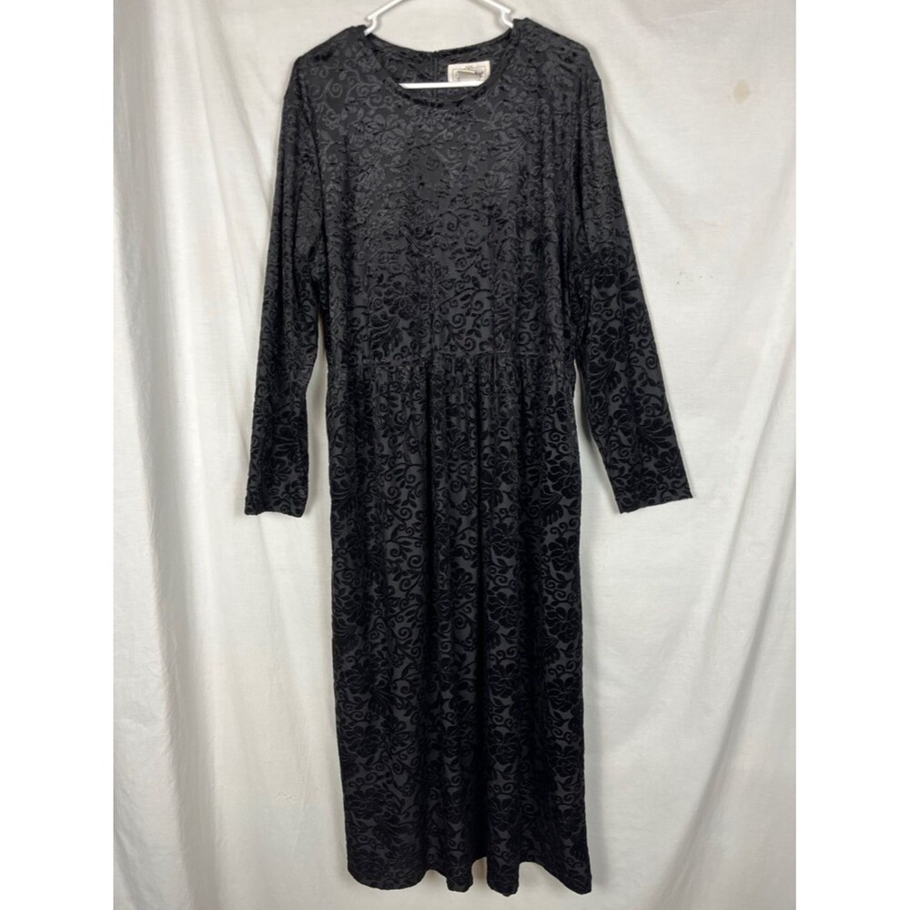 Vintage Worthington Black Floral Whimsigoth Long Sleeve Midi Dress